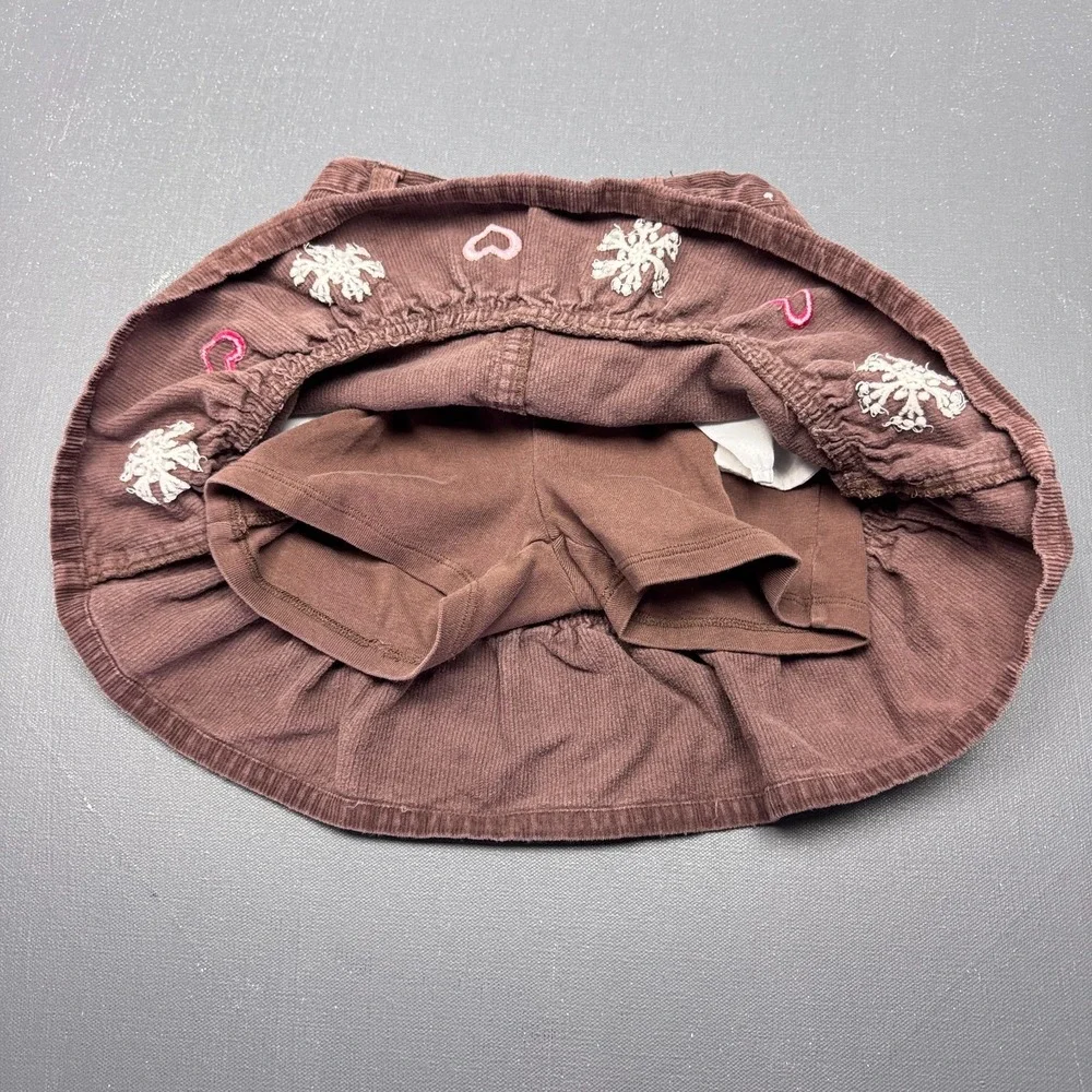 Gymboree Girls Size 7 Brown Corduroy Skort Embroidered Hearts Ruffle Hem Cotton